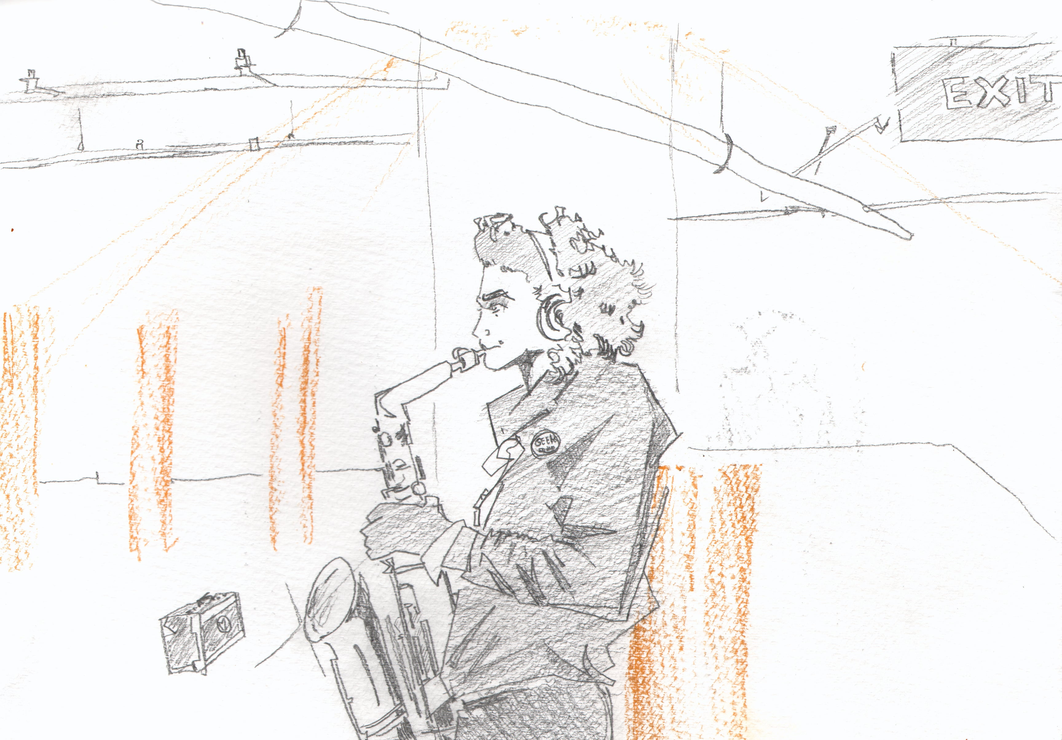 A drawing of my friend playing Saxophone in a parking garage, late at night.